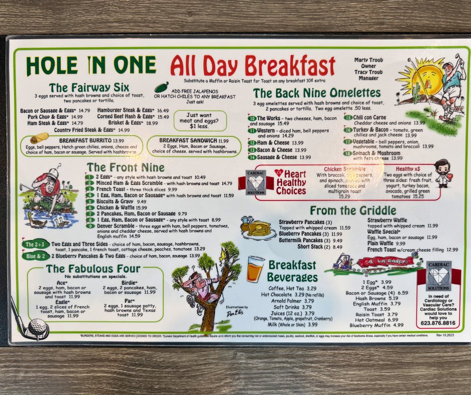 Printed menu with breakfast, lunch, and dinner sections.