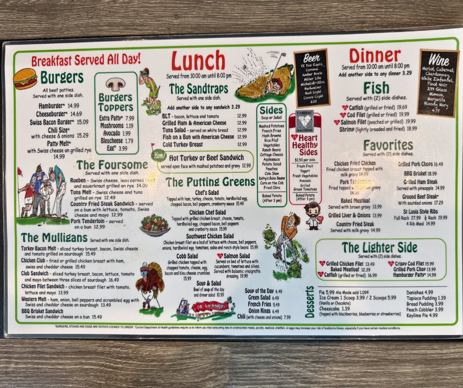 Menu page showing seafood, sandwiches, and classic plates.